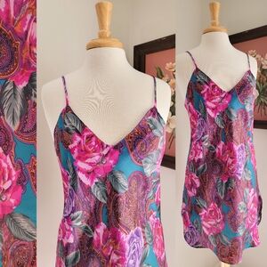 80s Bias Cut Floral Silky Satin Slip Dress Mini Length 1980s Vintage Nightgown